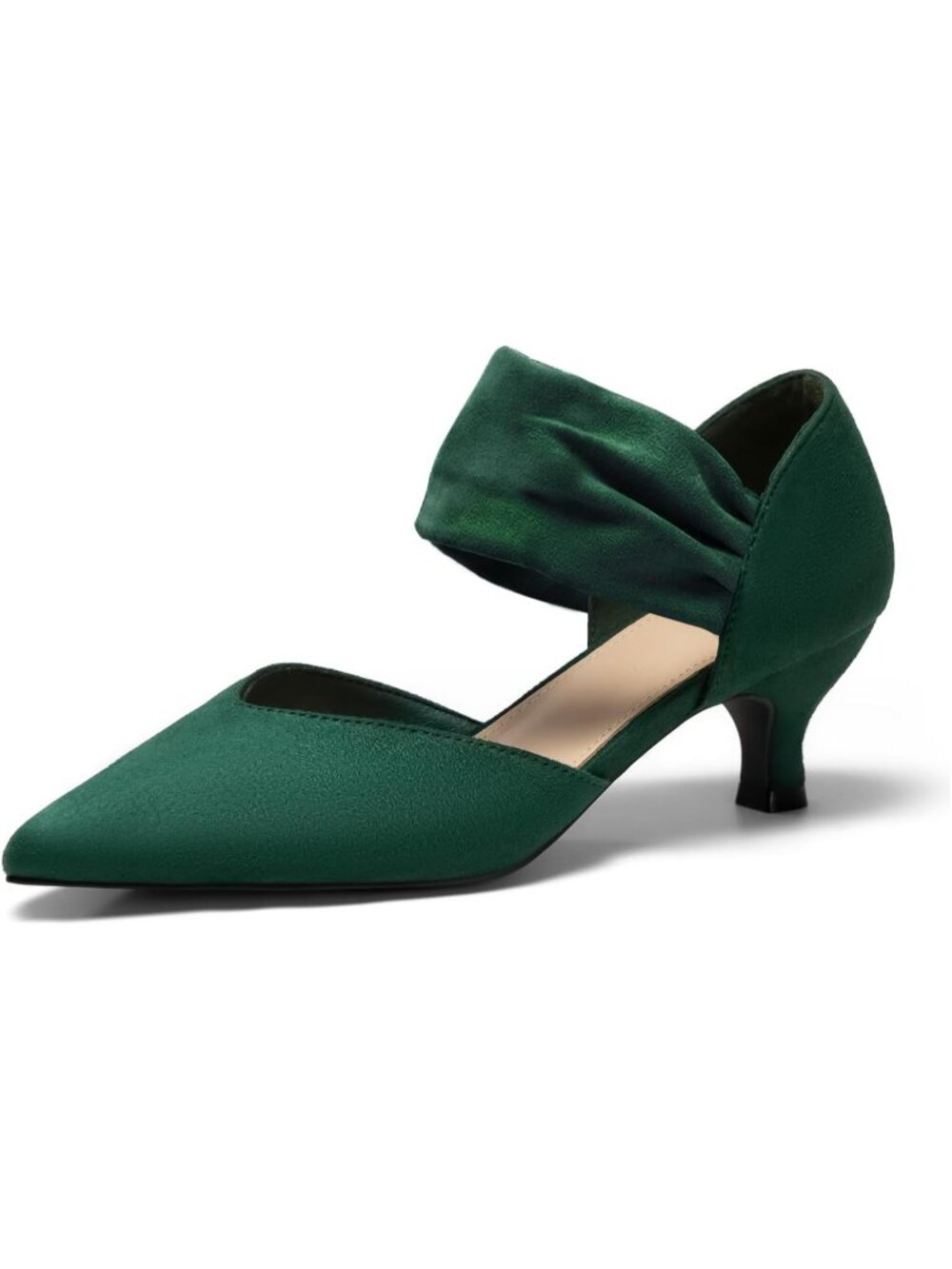 Women's Green Faux Suede Slip on Pointed Toe Ankle Strap Low Kitten Heel Shoes